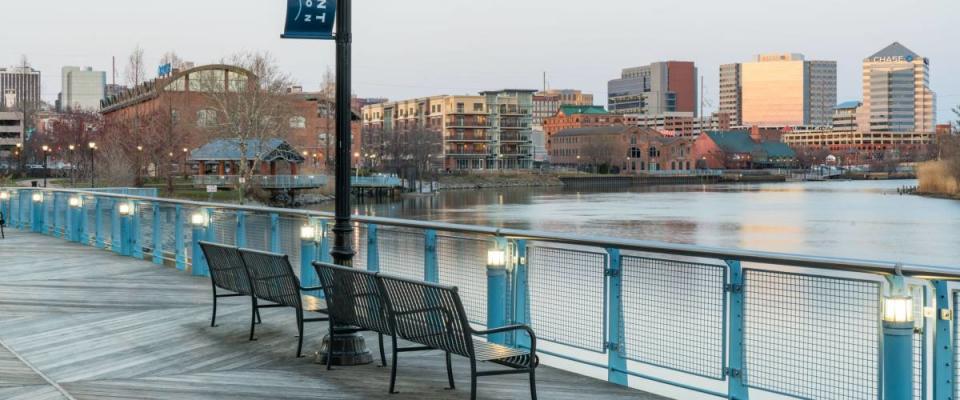 WILMINGTON, DE - APRIL 5, 2018: Wilmington, Delaware Skyline  along the Christiana River