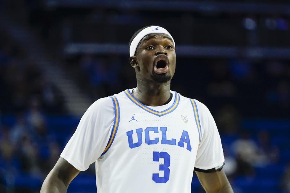 UCLA forward Adem Bona reacts during the first half of an NCAA college basketball game against St. Francis, Monday, Nov. 6, 2023, in Los Angeles. (AP Photo/Ryan Sun)