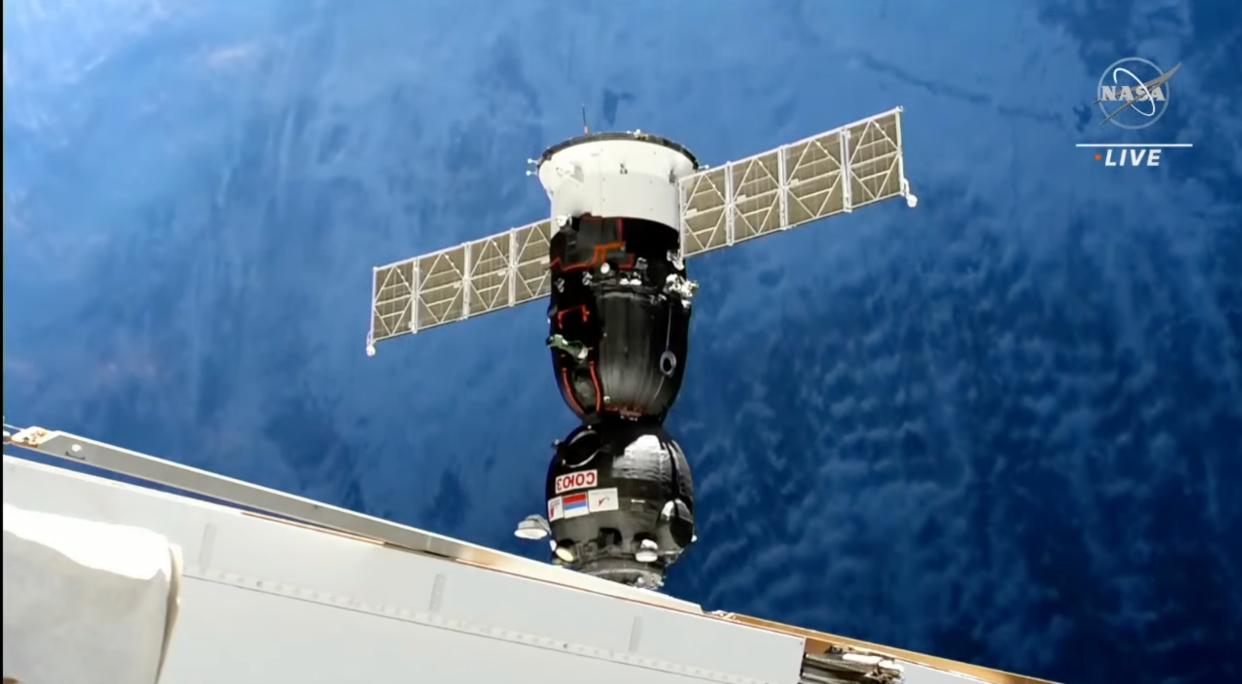  Russia's uncrewed Soyuz MS-23 spacecraft approaches the International Space Station for docking on Feb. 25, 2023. 