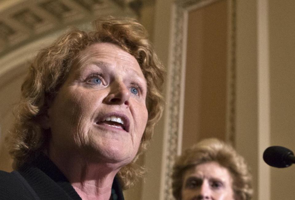 FILE - In this June 10, 2013 file photo, Sen. Heidi Heitkamp, D-N.D. speaks during a news conference on Capitol Hill in Washington. The Senate’s record-setting 20 women, emboldened by their recent political and legislative successes, are determined to swell their ranks this November. They’re providing campaign and fundraising help to the Republican and Democratic female candidates from West Virginia, Kentucky, Georgia and Oregon looking to smash a few glass ceilings, and hopefuls from Michigan and Hawaii eyeing an all-female Senate lineup. (AP Photo/J. Scott Applewhite, File)