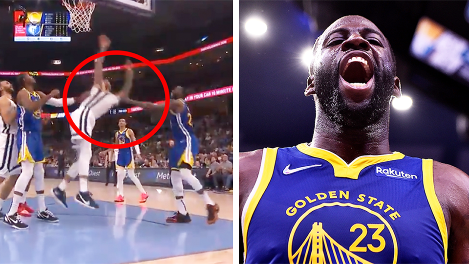 NBA player Draymond Green (pictured right) reacting after his ejecting and (pictured left) fouling Grizzlies star Brendon Clarke.