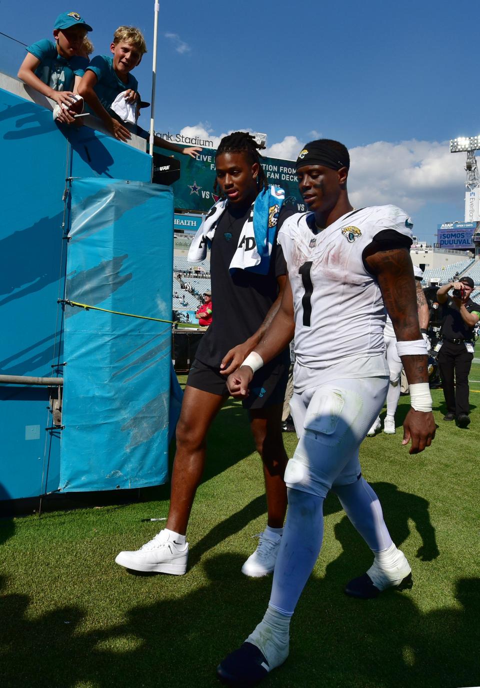 Jacksonville Jaguars running back Travis Etienne Jr. (1) heads to the locker room after Sunday's defeat by the Houston Texans. The Jacksonville Jaguars hosted the Houston Texans at EverBank Stadium in Jacksonville, Fla. Sunday, September 24, 2023. The Jaguars trailed 17 to 0 at the end of the first half and lost with a final score of 37-17. [Bob Self/Florida Times-Union]