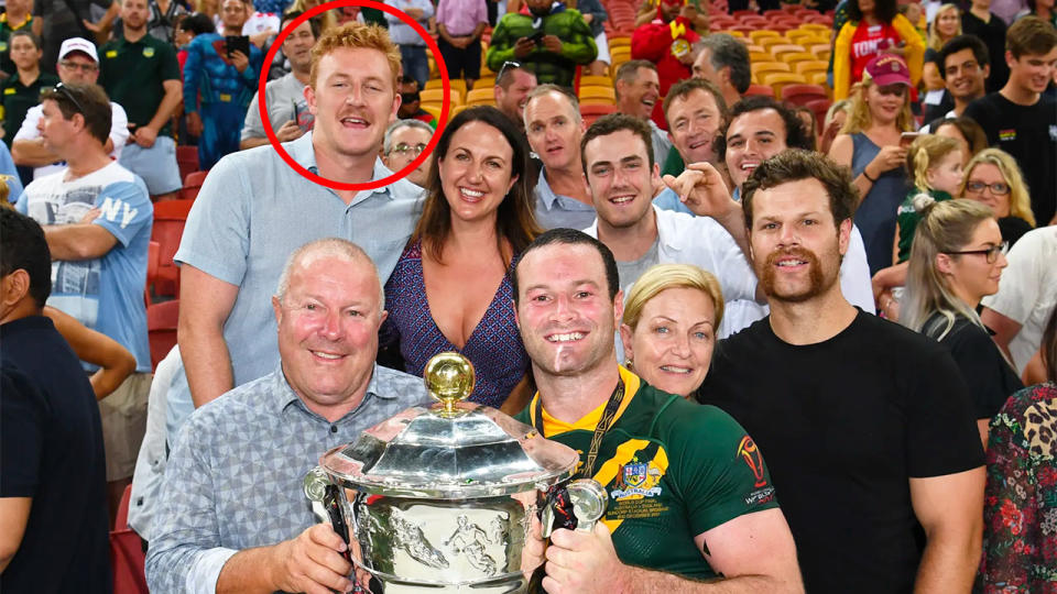 Boyd Cordner is seen here celebrating a triumph with Australia with family members including Joel Dark (circled).
