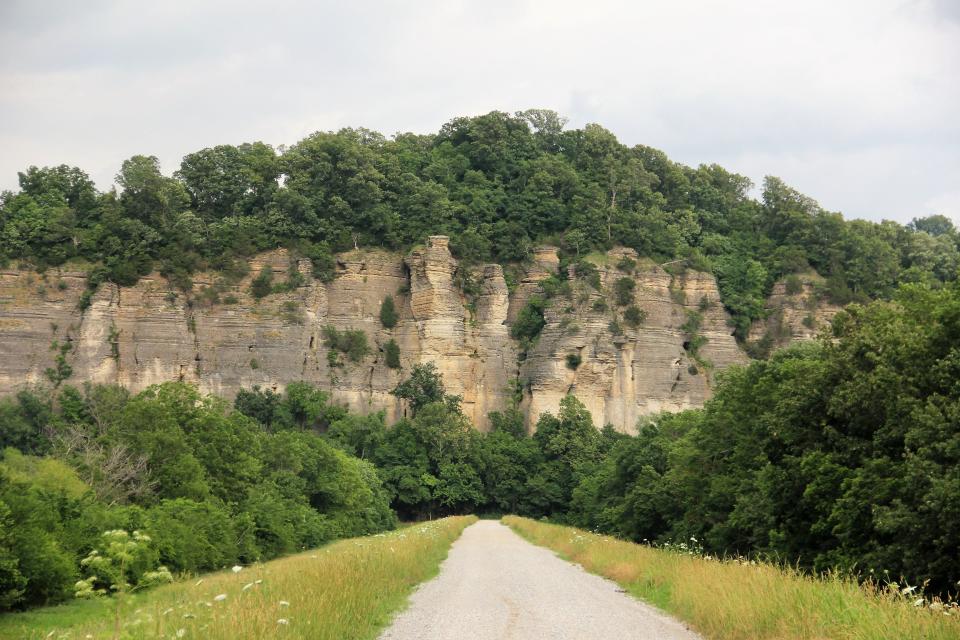 Looking west at the limestone bluffs of Inspiration Point in Shawnee National Forest, which overlooks the Mississippi River Valley.