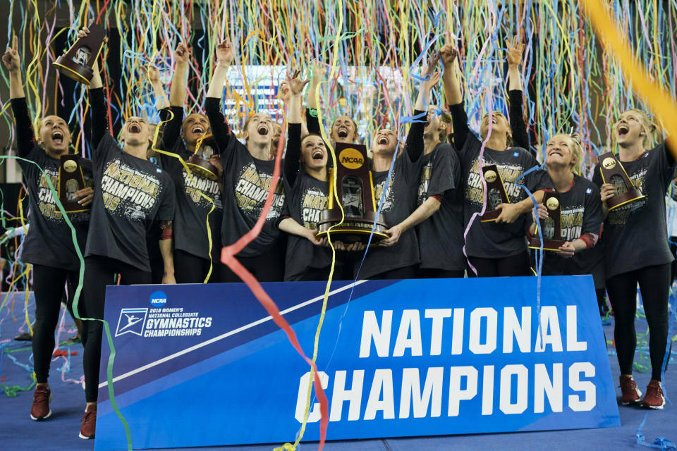 Best sport: women’s gymnastics (national champion). Trajectory: down. The Sooners are sliding — not dramatically, but steadily. This is the third straight season of declining returns, dipping out of the Top 30 in 2018-19 — something that last happened in 2005-06. Oklahoma won it all in women’s gymnastics but was upset for the title in both men’s gymnastics and softball. Football was the school’s only fall sport to score points.