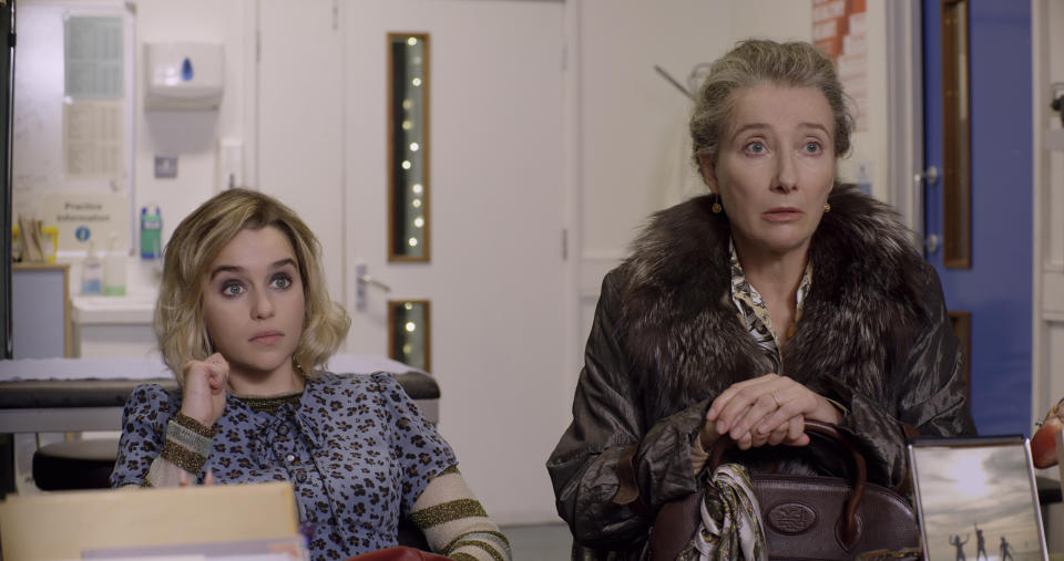 This image released by Universal Pictures shows Emilia Clarke, left, and Emma Thompson in a scene from "Last Christmas." (Universal Pictures via AP)
