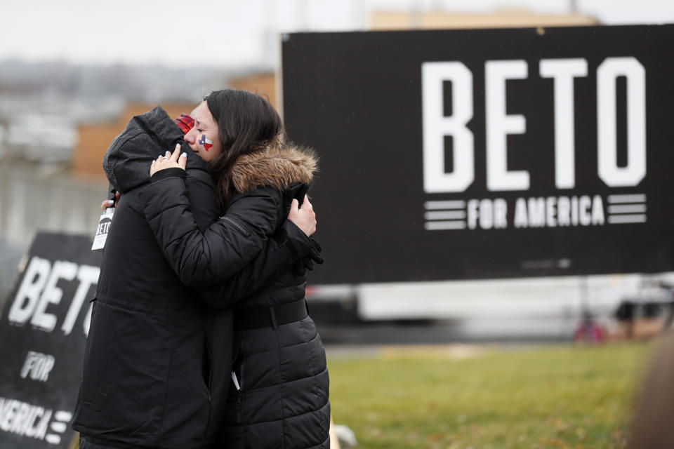 Supporters for Democratic presidential candidate Beto O'Rourke react while waiting for him to speak before the Iowa Democratic Party's Liberty and Justice Celebration, Friday, Nov. 1, 2019, in Des Moines, Iowa. O'Rourke told his supporters that he was ending his presidential campaign. (AP Photo/Charlie Neibergall)