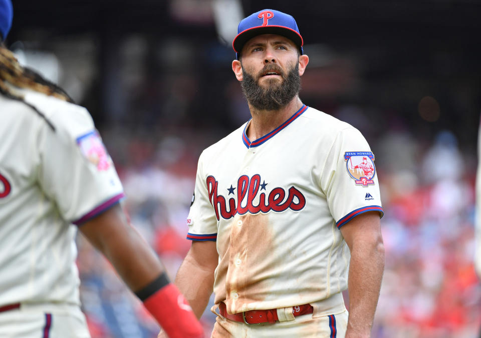 Jul 14, 2019; Philadelphia, PA, USA; Philadelphia Phillies starting pitcher Jake Arrieta (49) walks off the field after the fifth inning against the Washington Nationals at Citizens Bank Park. Mandatory Credit: Eric Hartline-USA TODAY Sports