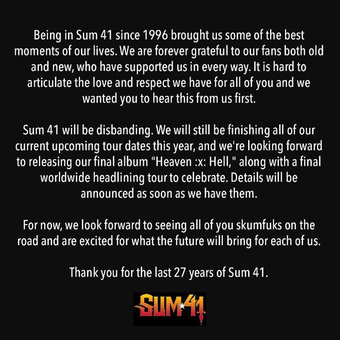 加拿大流行龐克樂團「魔數41」Sum41宣布解散。（圖／翻攝自Sum41 IG）