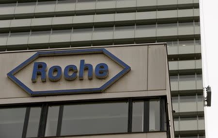 Swiss drugmaker Roche's logo is seen at their headquarters in Basel, Switzerland October 22, 2015. REUTERS/Arnd Wiegmann