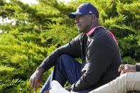 Michael Jordan watches at the 11th hole during a four-ball match the Ryder Cup at the Whistling Straits Golf Course Friday, Sept. 24, 2021, in Sheboygan, Wis. (AP Photo/Jeff Roberson)