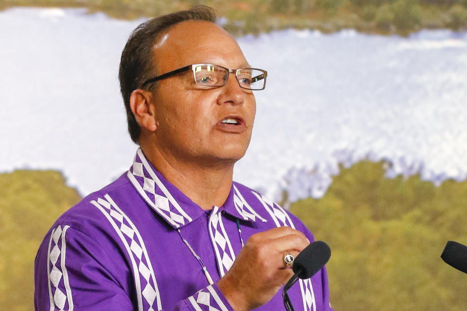 FILE - In this Aug. 11, 2016 file photo, Chief of Choctaw Nation Gary Batton speaks during a press conference at the Oklahoma Heritage Center in Oklahoma City. Gov. Kevin Stitt's ongoing feud with many of the Oklahoma-based Native American tribes has grown so contentious that fellow Republicans in the Legislature and the state's attorney general are now considering wresting control of Stitt's ability to negotiate tribal agreements. (AP Photo/Alonzo Adams File)