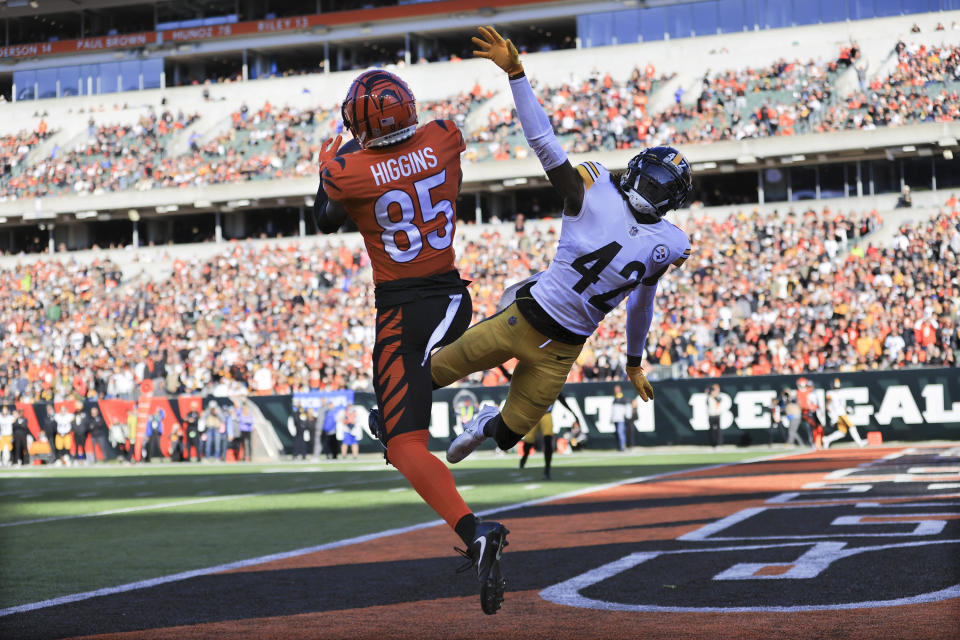 Cincinnati Bengals wide receiver Tee Higgins (85) makes a touchdown catch as Pittsburgh Steelers cornerback James Pierre (42) defends during the first half of an NFL football game, Sunday, Nov. 28, 2021, in Cincinnati. (AP Photo/Aaron Doster)