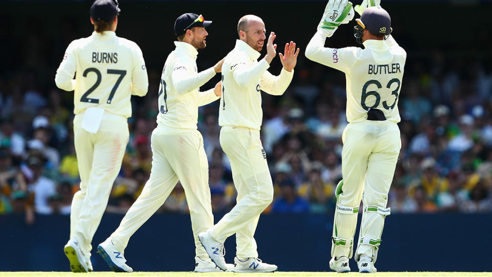 Jack Leach, pictured here after the wicket of Marnus Labuschagne on day two of the first Ashes Test.