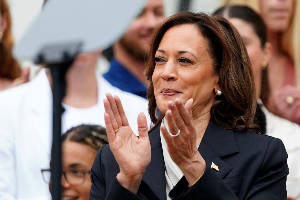 Vice President Kamala Harris applauds during an event on Monday at the White House with National Collegiate Athletic Association champion teams in her first public appearance since President Joe Biden dropped out of the 2024 race.