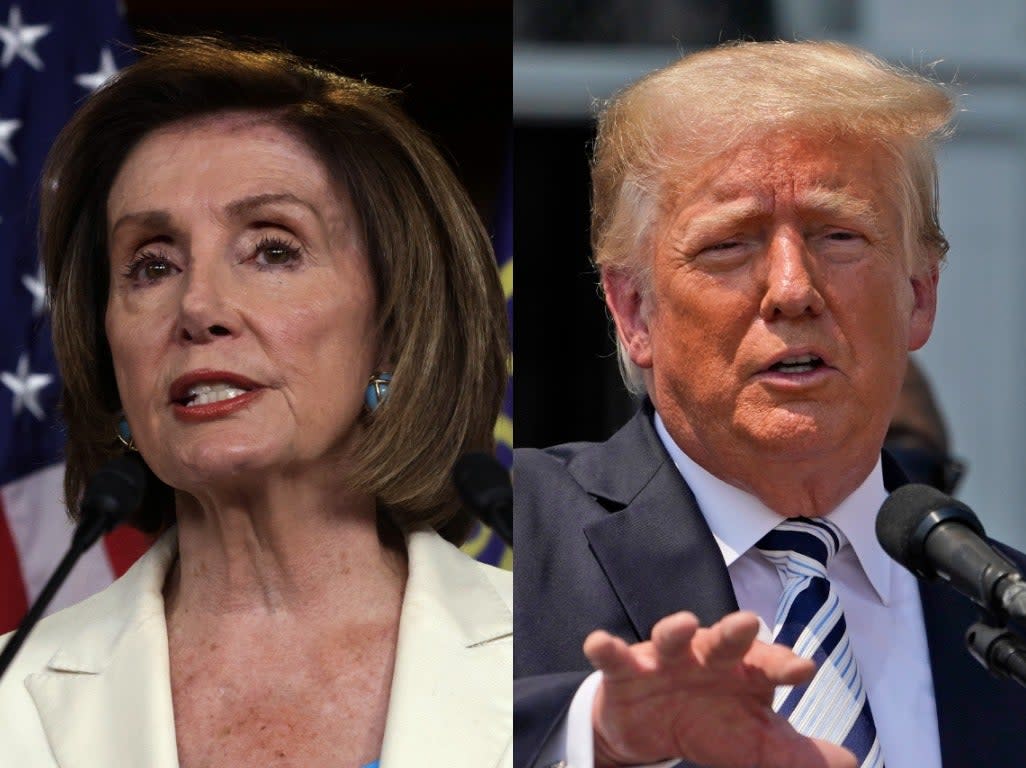 Nancy Pelosi chastised Donald Trump as a ‘twice-impeached Florida retiree' in her official capacity as speaker (Getty/ AP)