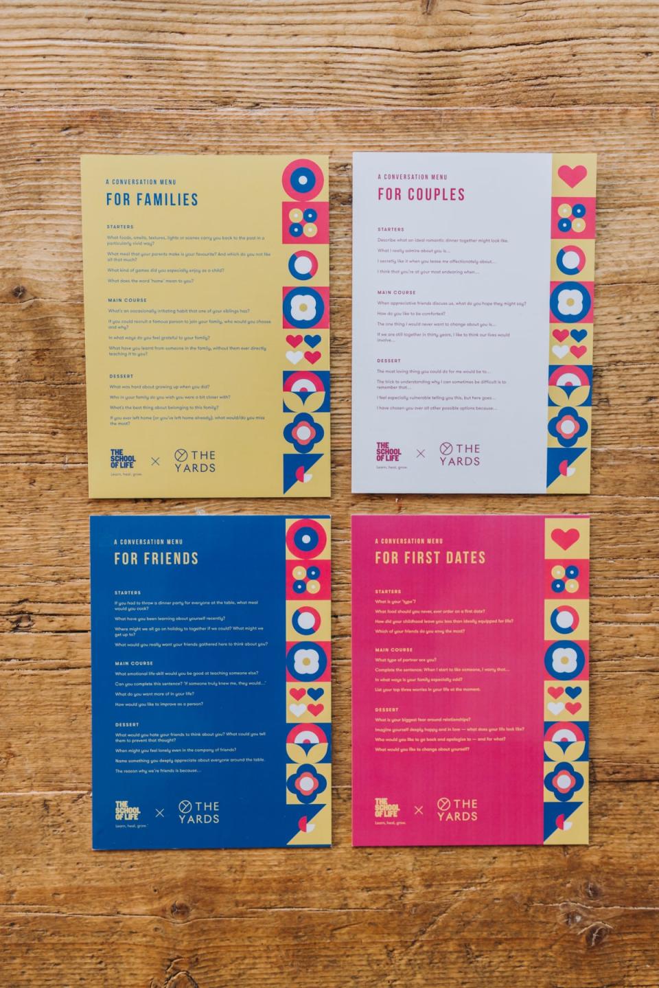 The menus have been designed for families, couples, friends, and first dates. (The Yards/School of Life)