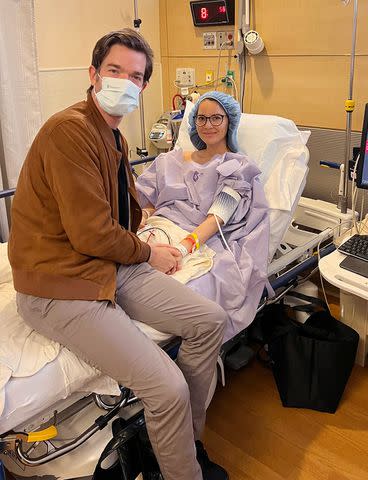 <p>Courtesy Olivia Munn</p> John Mulaney and Olivia Munn in the hospital on May 24, 2023, the day of her double mastectomy.
