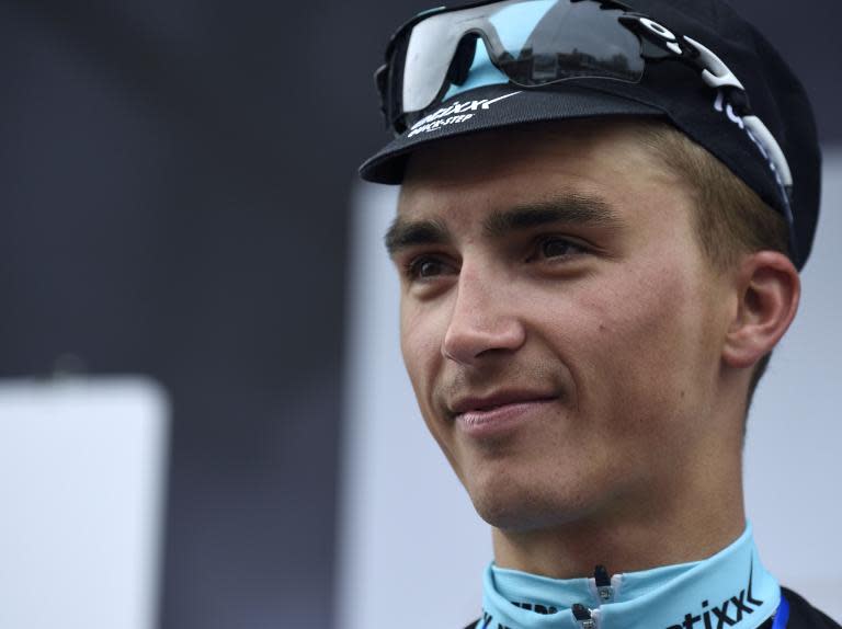 France's Julian Alaphilippe stands on the podium after taking second place in the 101st Liege-Bastogne-Liege one-day classic cycling race, 253km from Liege to Ans, on April 26, 2015