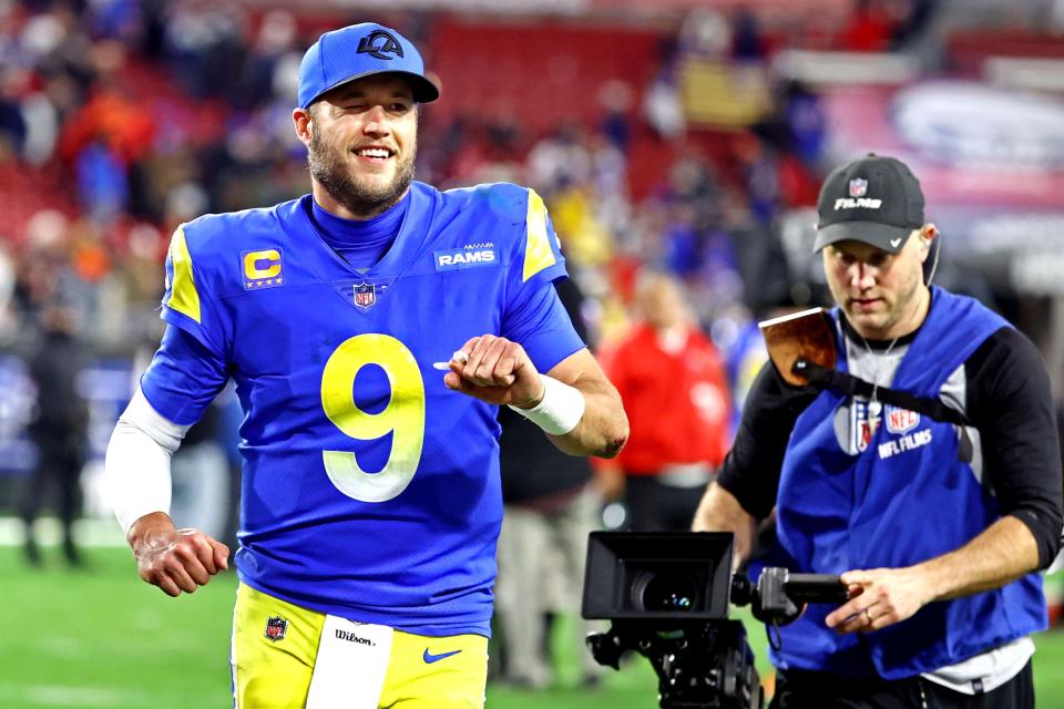 Los Angeles Rams quarterback Matthew Stafford celebrates after defeating the Tampa Bay Buccaneers, 30-27, in an NFC Divisional playoff game at Raymond James Stadium, Jan. 23, 2022 in Tampa, Fla.