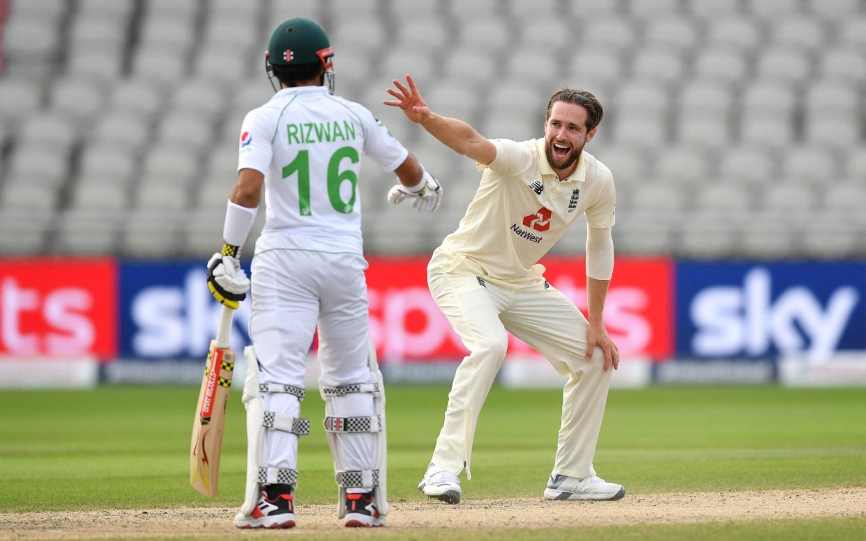 Chris Woakes of England appeals unsuccessfully for the wicket of Asad Ali  - GETTY IMAGES