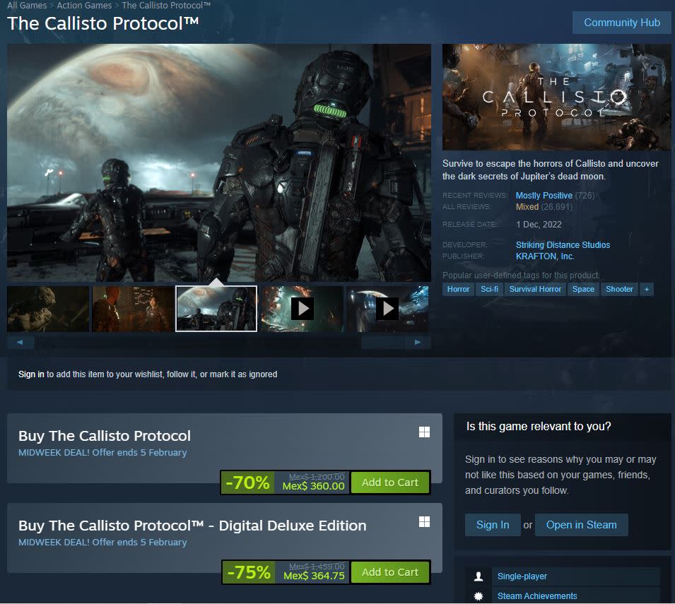 The Callisto Protocol está muy barato en Steam