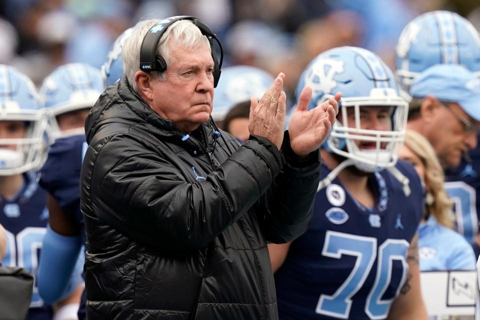 Coach Mack Brown looks on during North Carolina’s victory against Wake Forest earlier this month.