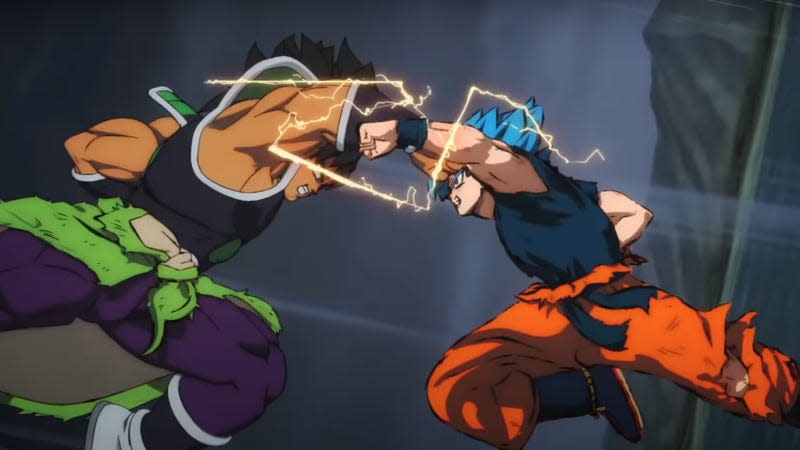 Goku and Broly fly through the air, fists raised, seconds from punching each each other.