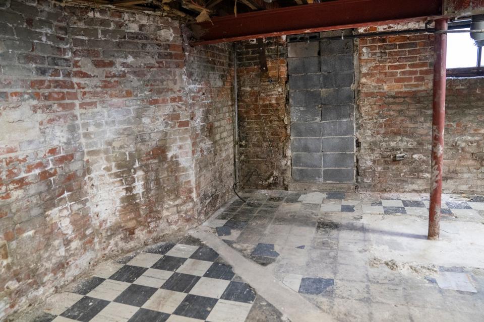 A former emergency doorway to the outside, now sealed with cinder blocks, in Motown Museum's little-seen basement.