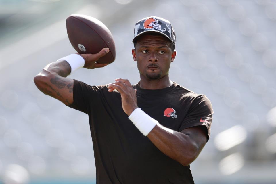 Cleveland Browns quarterback Deshaun Watson (4) throws a pass before a preseason NFL game against the Jacksonville Jaguars on Friday, Aug. 12, 2022 at TIAA Bank Field in Jacksonville. [Corey Perrine/Florida Times-Union]
