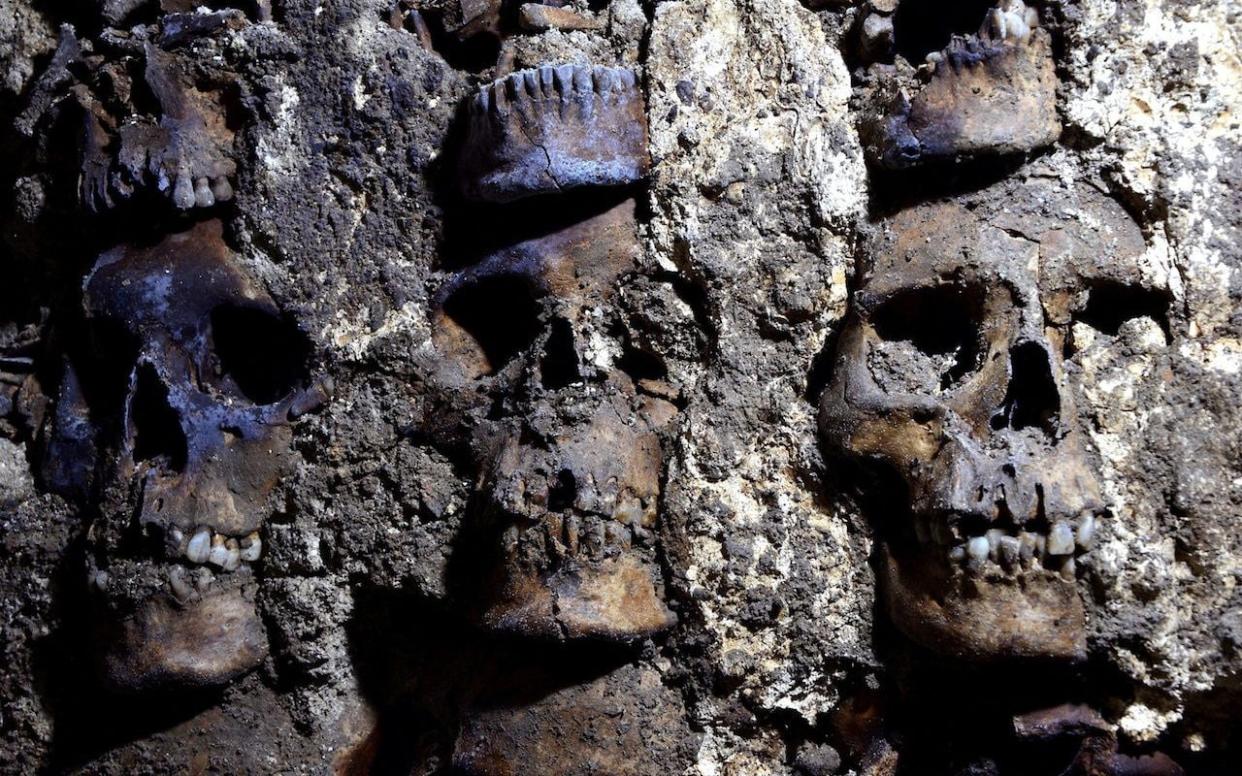 Part of an Aztec tower of human skulls, believed to form part of the Huey Tzompantli - Reuters