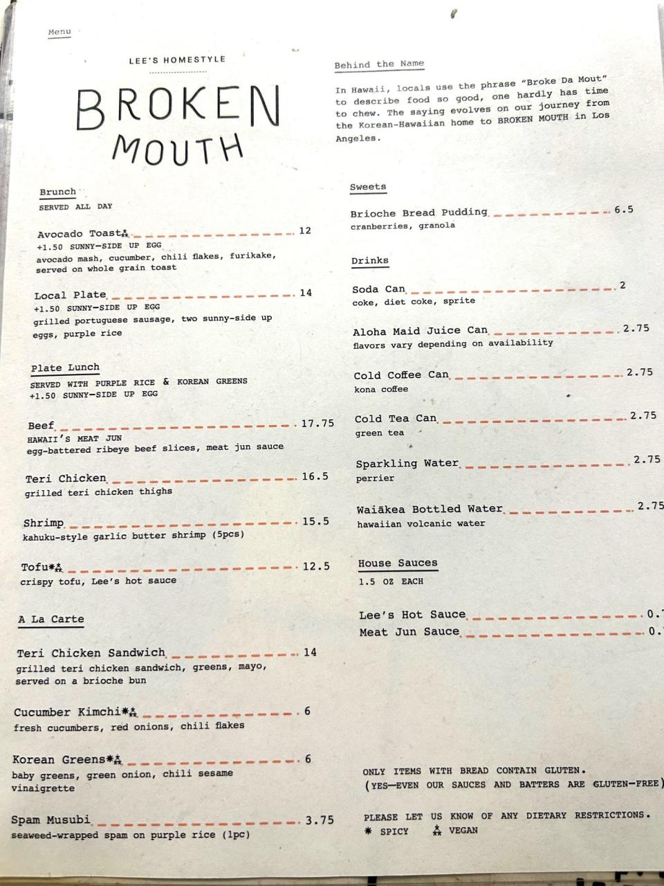 Broken Mouth menu