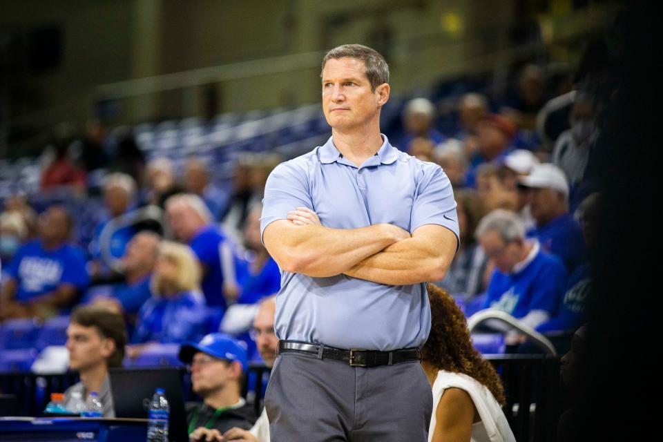 FGCU's head coach Karl Smesko watches the team during the FGCU women's basketball game against FMU on Tuesday, Nov. 9, 2021 at the Alico Arena in Fort Myers, Fla. 