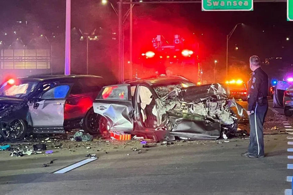 The wreckage of two cars after a head-on collision. (WJAR)
