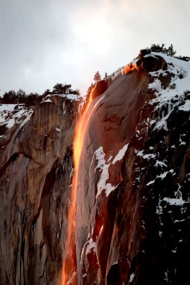 Close-up of the Horsetail Falls firefalls effect caused by light from the setting sun, in Yosemite on Saturday, Feb. 23, 2019. The fire effect only happens during the middle of February if conditions are perfect with enough melting snow on top of El Capitan and clear skies to the west as the sun sets.