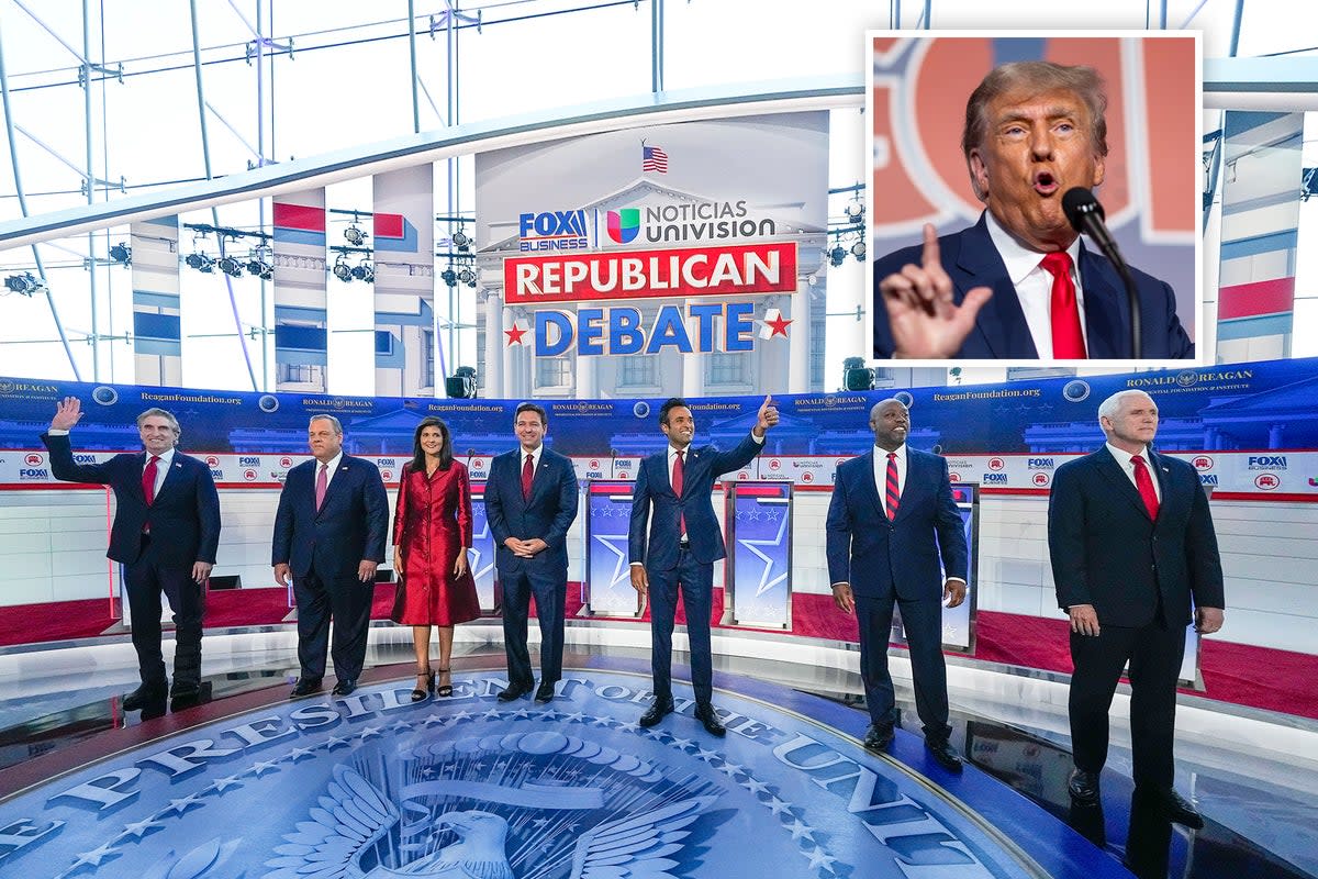 From left: Republican presidential candidates North Dakota Gov. Doug Burgum, former New Jersey Gov. Chris Christie, former U.N. Ambassador Nikki Haley, Florida Gov. Ron DeSantis, entrepreneur Vivek Ramaswamy, Sen. Tim Scott, R-S.C., and former Vice President Mike Pence, at the Republican presidential primary debate on Sept. 27, 2023. Inset, former president Donald Trump  (AP/Getty)