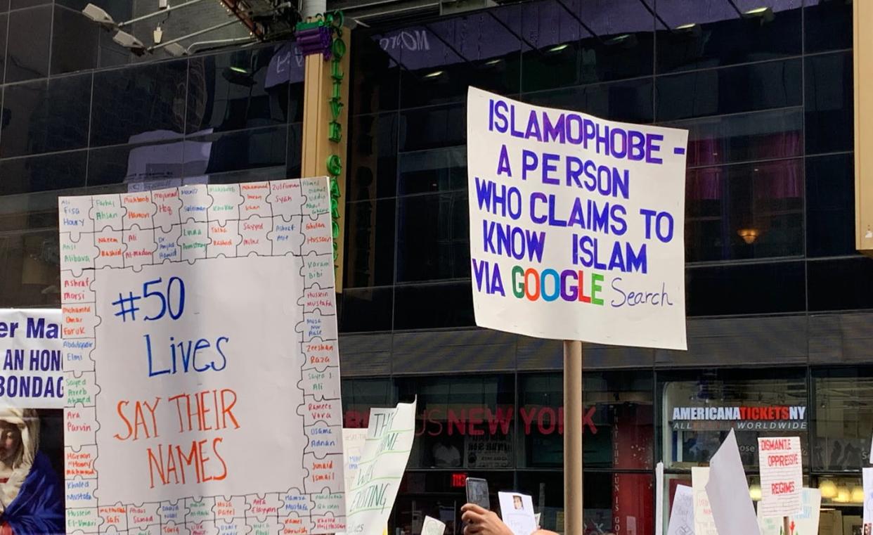 <span class="caption">A protest against Islamophobia in TImes Square in March 2019. </span> <span class="attribution"><a class="link " href="https://www.shutterstock.com/image-photo/new-york-ny-march-24-2019-1348368149" rel="nofollow noopener" target="_blank" data-ylk="slk:Dev Chatterjee/Shutterstock.com;elm:context_link;itc:0;sec:content-canvas">Dev Chatterjee/Shutterstock.com</a></span>