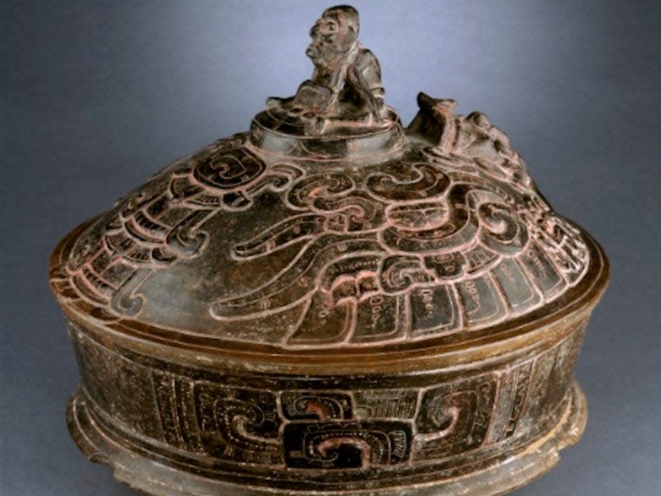 Lidded Vessel with Deity Riding on Mythical Bird A.D. 250-450. Denver Art Museum