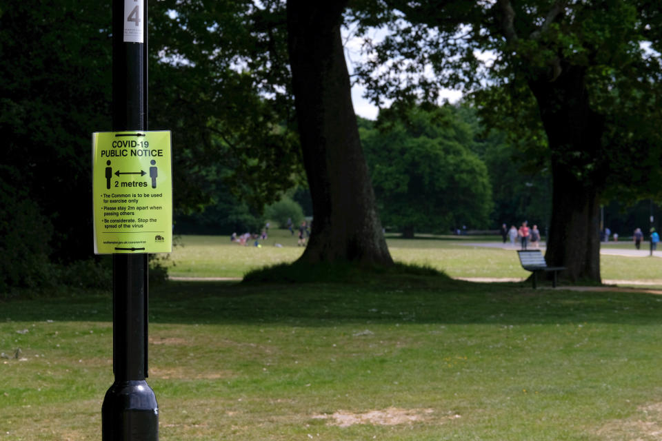  A social distancing poster raising corona virus awareness during the demonstration.
As part of the unified peaceful mass gathering, a countrywide event to protest against the new coronavirus bill, mandatory vaccines and to reject what protests call an unlawful lockdown, people demonstrate at Southampton Common. (Photo by Dawn Fletcher-Park / SOPA Images/Sipa USA) 