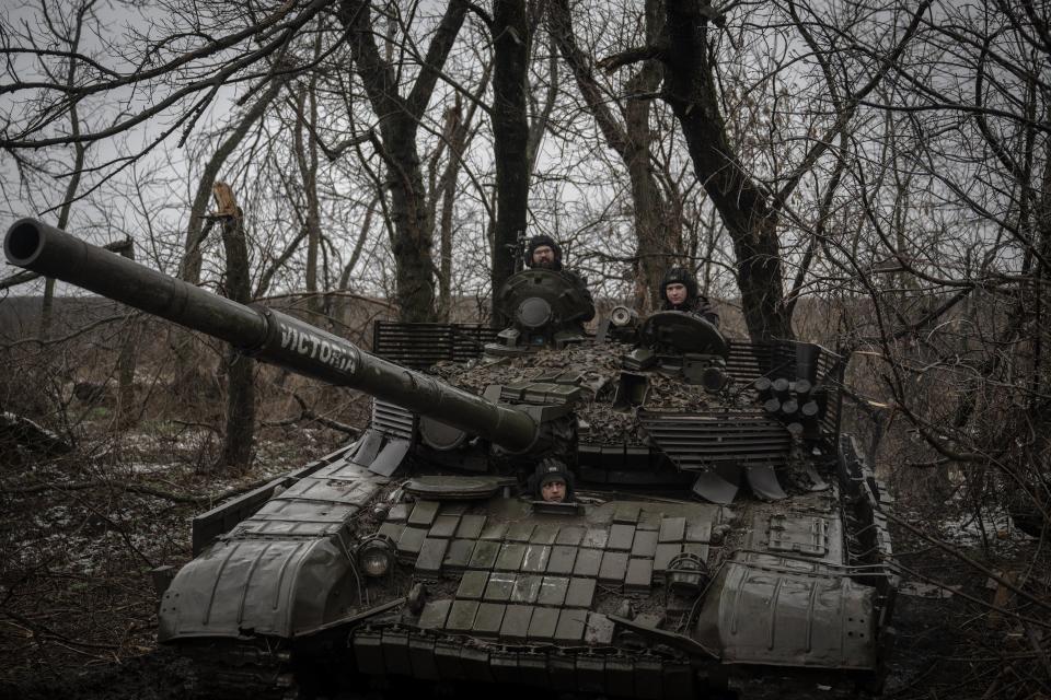 Ukrainian soldiers are seen in a tank as Russia and Ukraine war continues in the direction of Avdiivka (Anadolu via Getty Images)