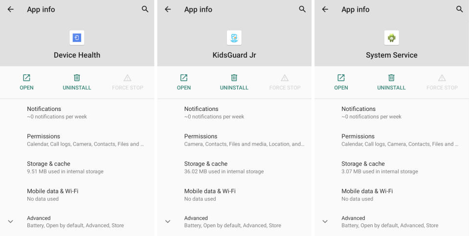 Three screenshots side-by-side, all showing three stalkerware apps disguised as regular, ordinary apps — one called "Device Health," another called "KidsGuard" and a third called "System Service." All of these apps have overly broad access permissions to a user's data.
