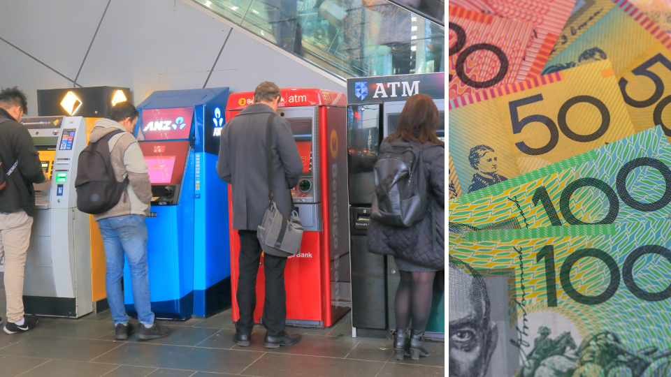 A composite image of people standing at various ATM providers and using their credit cards and Australian money.