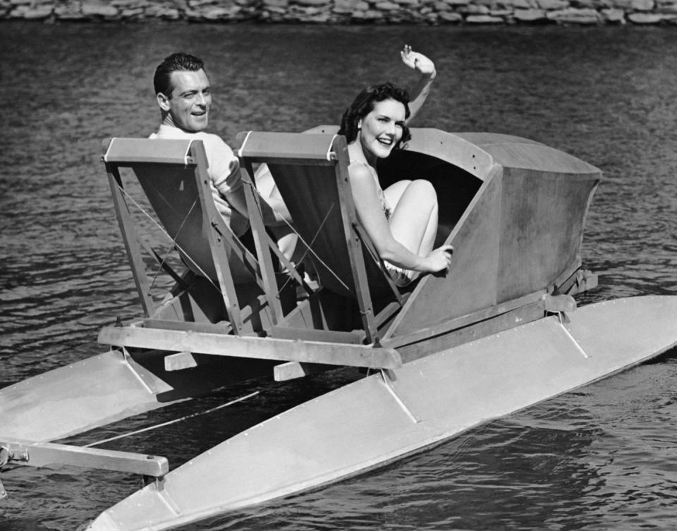 Paddle boating on the lake: circa 1950