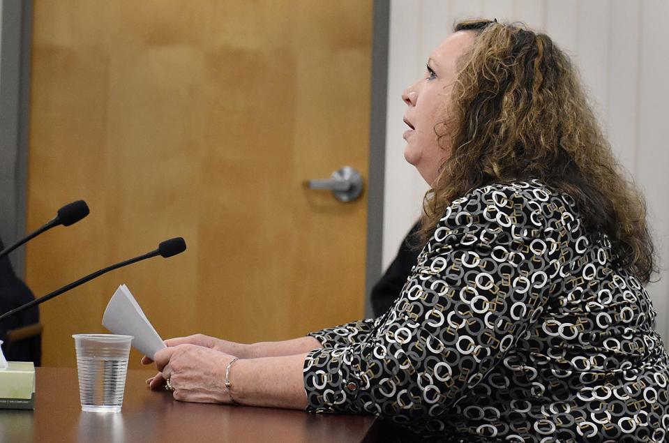 Patricia DeSouto speaks at Robin Murphy's parole hearing, testifying against her release, in Natick on Tuesday, March 5, 2024.