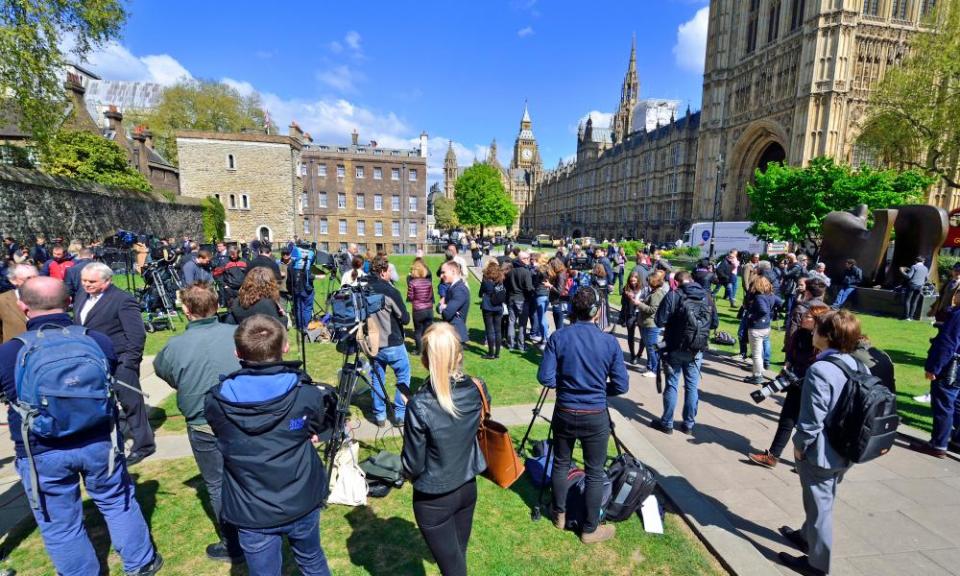 Members of the media on College Green, Westminster, on 18 April 2017, shortly after a general election was called.