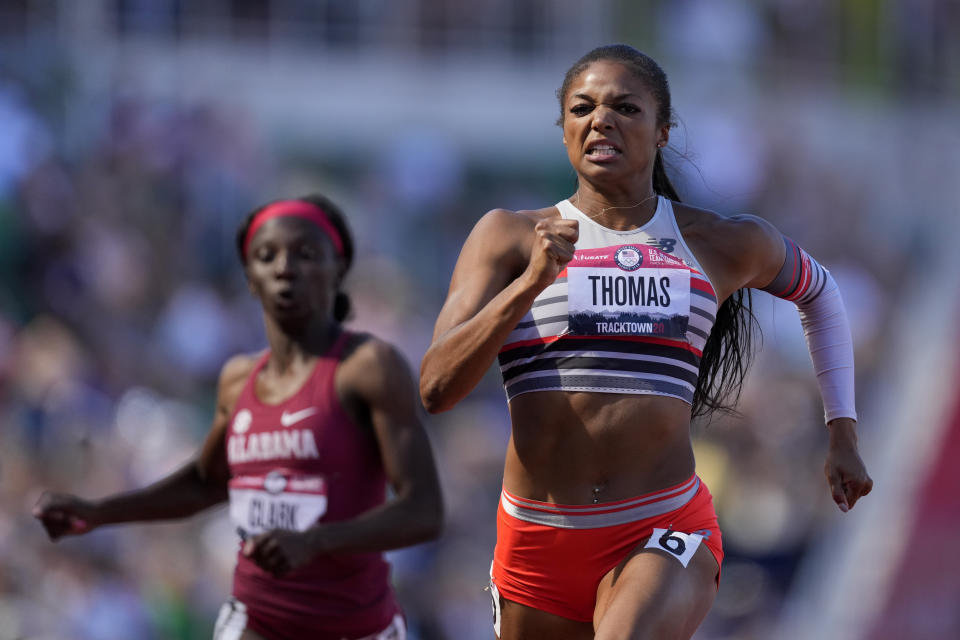 FILE - Gabby Thomas wins a semi-final in the women's 200-meter run at the U.S. Olympic Track and Field Trials Friday, June 25, 2021, in Eugene, Ore. (AP Photo/Ashley Landis, File)
