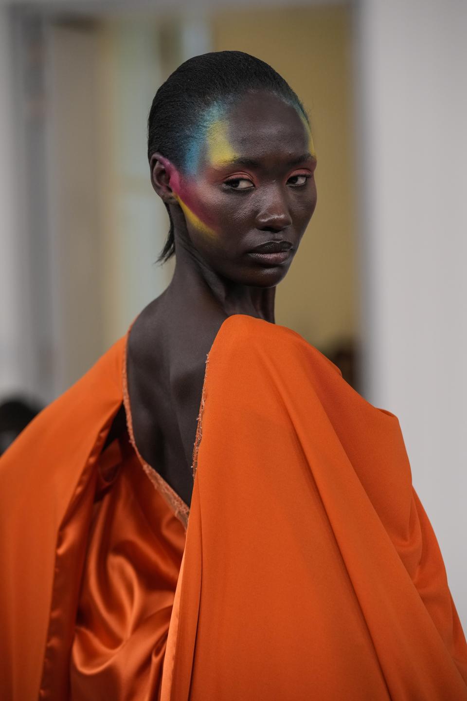 A model wears a creation as part of the Alexis Mabille Haute Couture Spring-Summer 2023 collection presented in Paris, Tuesday, Jan. 24, 2023. (AP Photo/Christophe Ena)