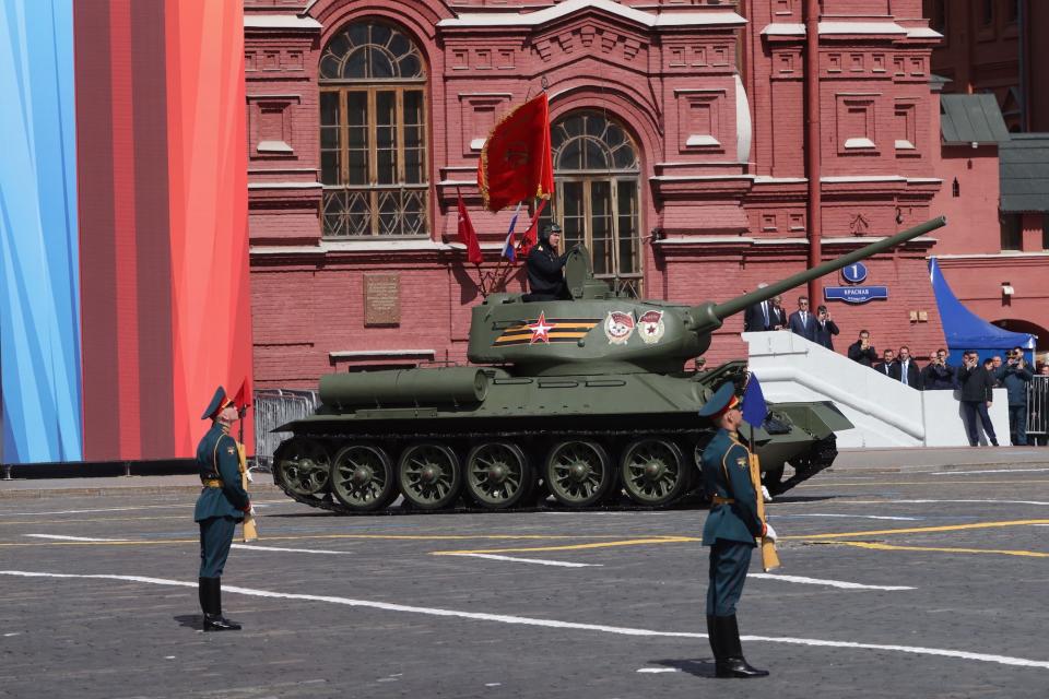 A Soviet T-34 tank rolls during the Victory Day Red Square Parade on May 9, 2023 in Moscow, Russia.