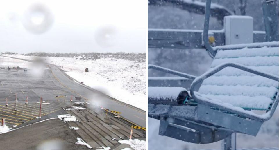 Image of snow falling in Thredbo, covering roads and a chair lift. 