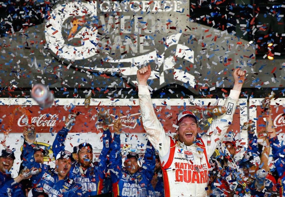 DAYTONA BEACH, FL - FEBRUARY 23:  Dale Earnhardt Jr., driver of the #88 National Guard Chevrolet, celebrates in Victory Lane after winning the NASCAR Sprint Cup Series Daytona 500 at Daytona International Speedway on February 23, 2014 in Daytona Beach, Florida.  (Photo by Tom Pennington/Getty Images)